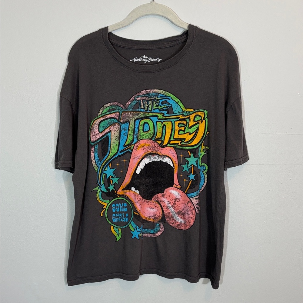 The Rolling Stones Charcoal Tee with Multicolor Retro Tongue Graphic